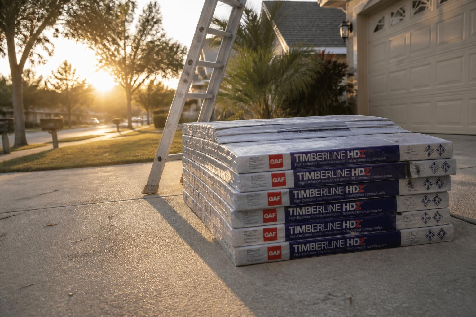 Shingle bundles stacked on a driveway at sunrise