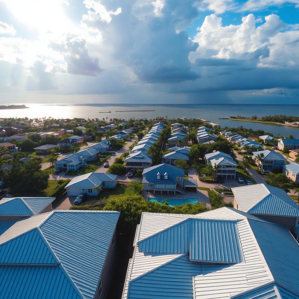 Aerial view of coastal Tampa Bay homes with metal and tile roofing