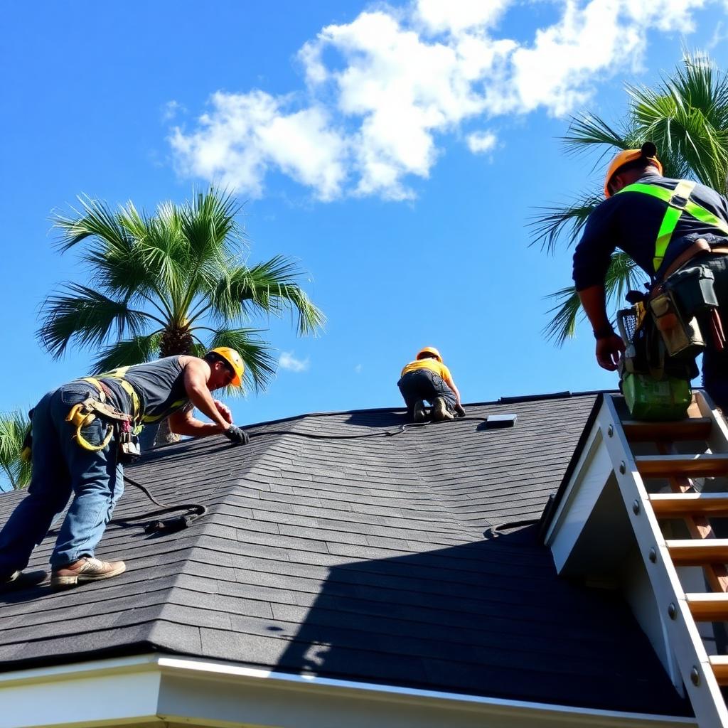 Licensed Tampa Bay roofing crew installing new shingles on a residential home